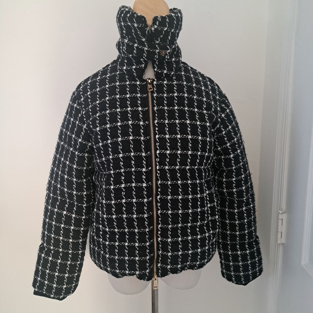 Jason Wu Black White Tweed Puffer Jacket‎ Funnel Neck Grid Pattern Full Zip Coat